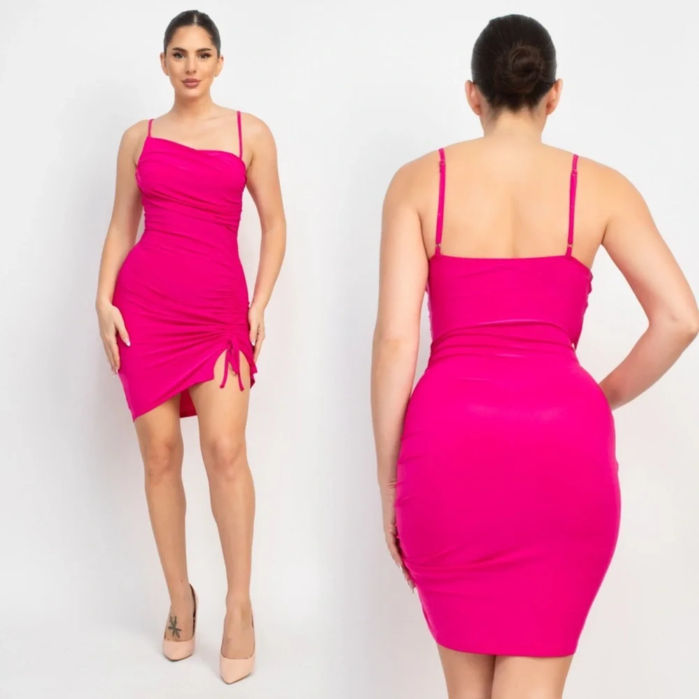Fuchsia ruched dress with slit - Picture 6 of 10